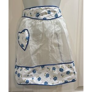 Vintage Half Hostess Sheer White Blue Floral Pattern Pocket Apron Sexy Maid